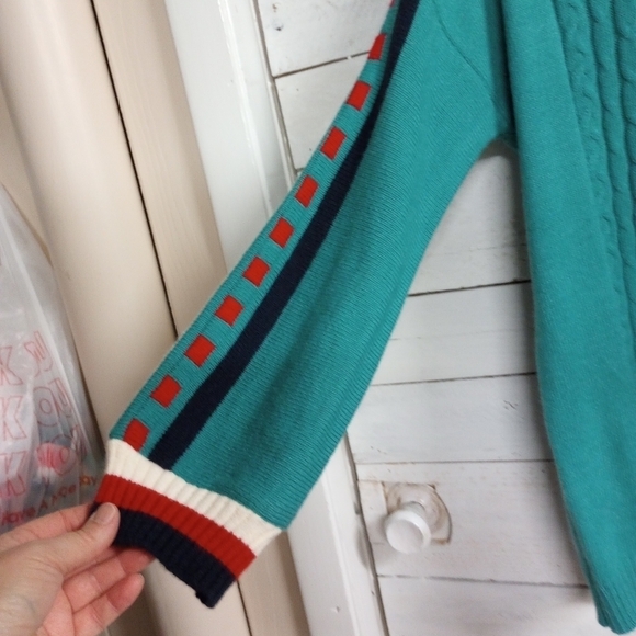 Stripe Sweater V Neck Women's Green Knit Long Sleeve Loose Casual Pullover Med - Picture 10 of 11